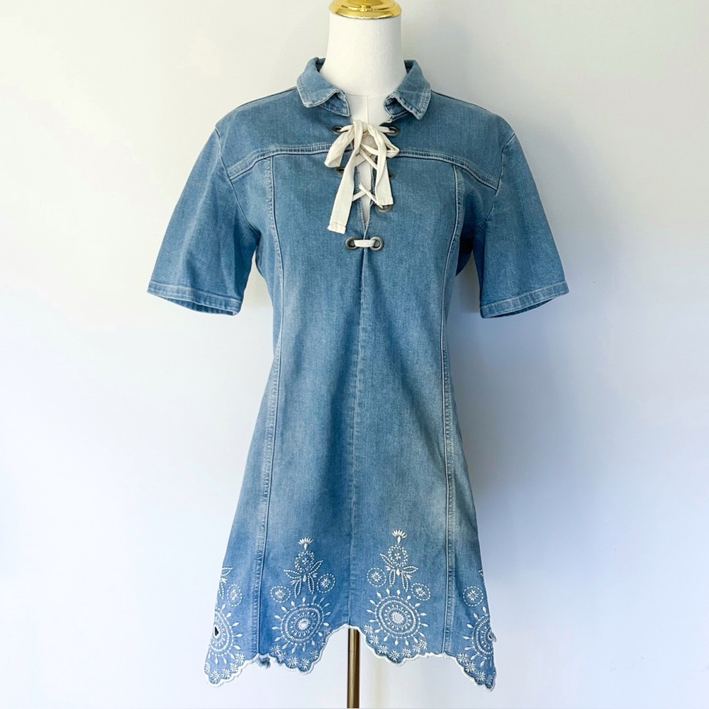 Desigual Blue Denim Short Sleeve Lace Up Floral Embroidered Eyelet Dress Size 38